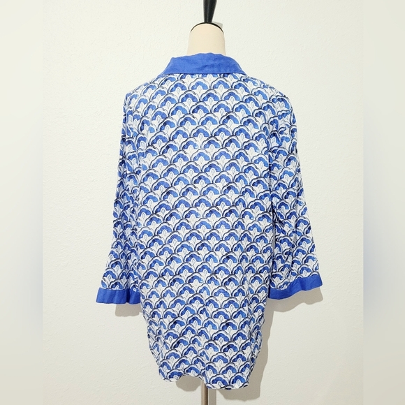 Sigrid Olsen Womens XL 100% Linen Tunic Top Blue White Pattern V-Neck 3/4 Sleeve - Picture 4 of 12